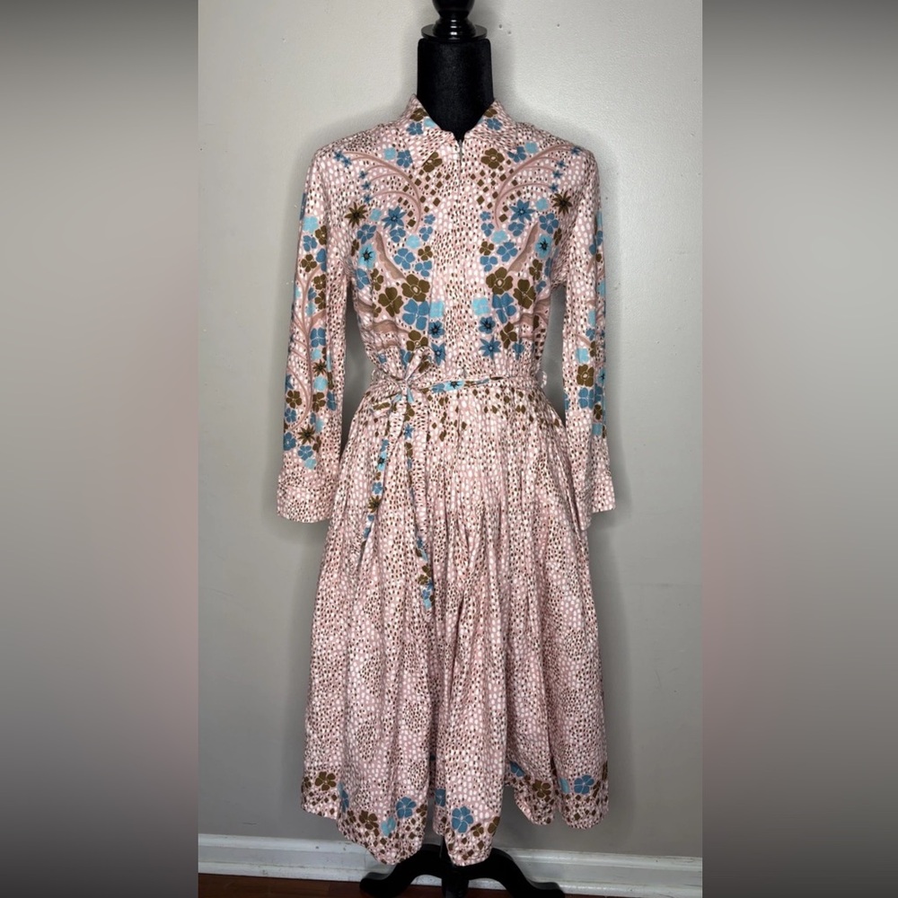 Tucker Emerson Belted Midi Poplin Fit Flare Dress Blush Baroque Floral Sz Small